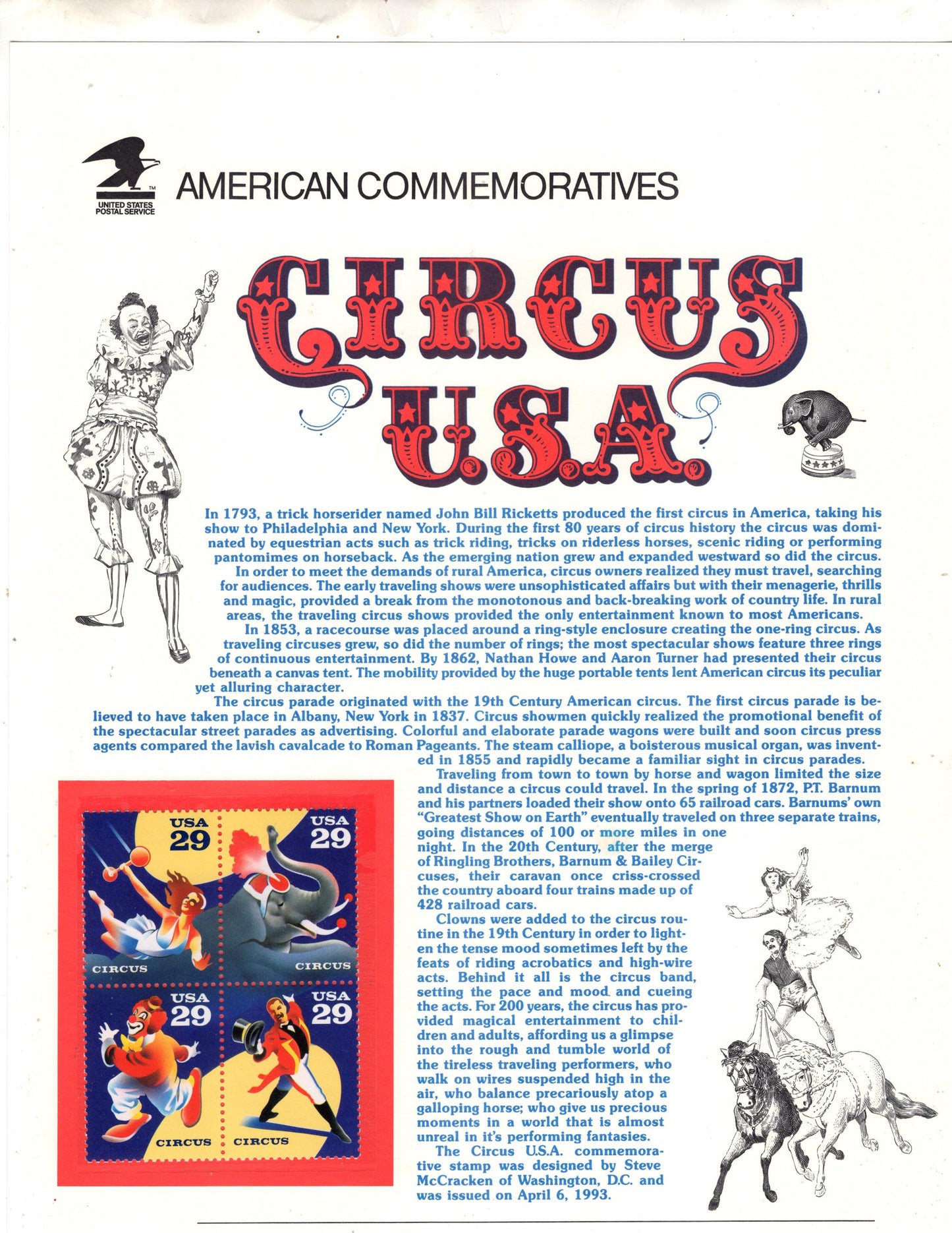 CIRCUS ELEPHANT TRAPEZE Clown Commemorative Panel w/Block of 4 Stamps plus Illustrations Text Great Gift 8.5x11 -Vintage 1993