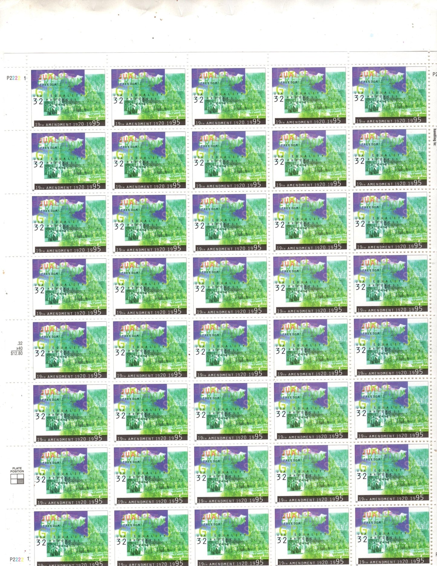 WOMEN SUFFRAGE 100th Anniversary Sheet of 40 32c Stamps EXCELLENT Condition Perfect for Many Uses Bright Fresh - Vintage 1995