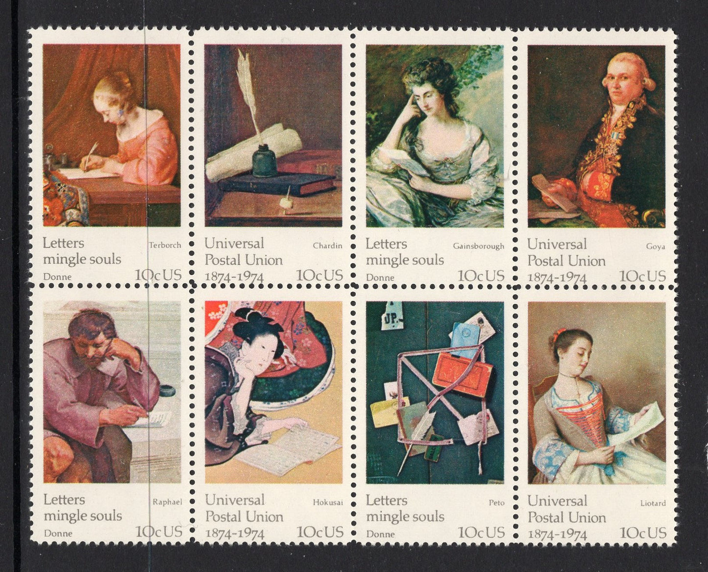 16 PAINTINGS ART LETTER Writing (2 Blocks of 8) Usa Postage Stamps - Unused, Bright, P.O. Fresh - Vintage 1974-Stock# 1530 FreeUSA Ship