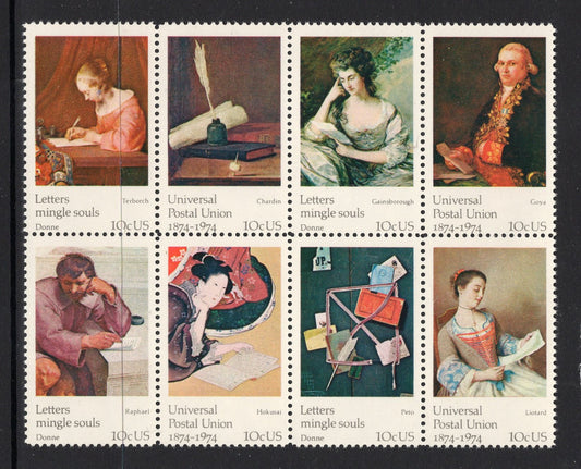 16 PAINTINGS ART LETTER Writing (2 Blocks of 8) Usa Postage Stamps - Unused, Bright, P.O. Fresh - Vintage 1974-Stock# 1530 FreeUSA Ship