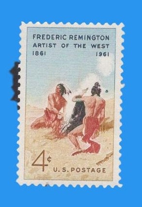 10 REMINGTON SMOKE SIGNAL Painting Fire American Indian - Bright Usa Postage Stamps - Vintage 1961 Stock# 1187 ping