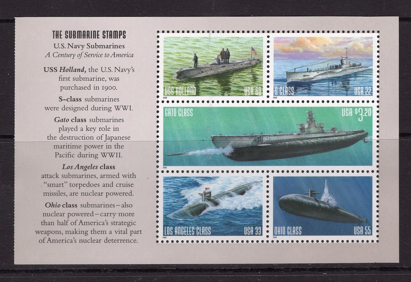5 SUBMARINE USA Stamps in Block (2 different blocks exist) - Unused, Post Office Fresh - Vintage 2000 - Stock# 3373+ 