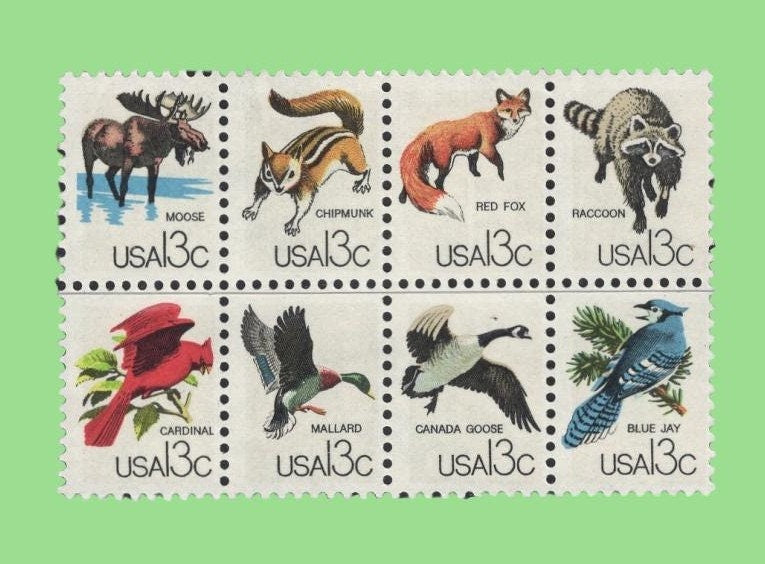 16 WILDLIFE Stamps (2 blocks of 8) Birds, MOOSE, FOX - Unused, Bright, Post Office Fresh - Vintage 1978 - Stock# 1757a-h