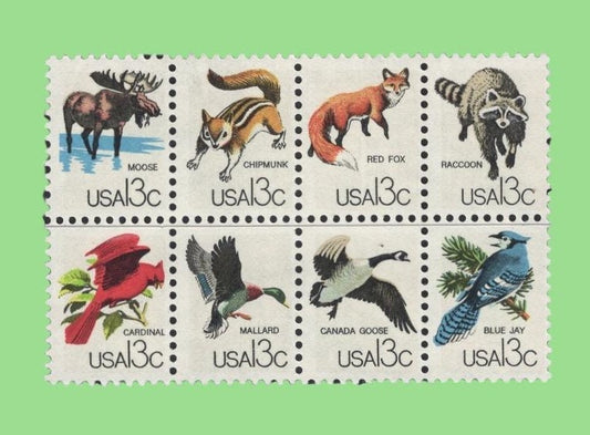 16 WILDLIFE Stamps (2 blocks of 8) Birds, MOOSE, FOX - Unused, Bright, Post Office Fresh - Vintage 1978 - Stock# 1757a-h