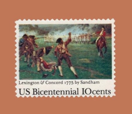 10 LEXINGTON CONCORD BATTLE Painting Revolution War - Bright Usa Postage Stamps - Vintage 1975 - Stock# 1563 ping
