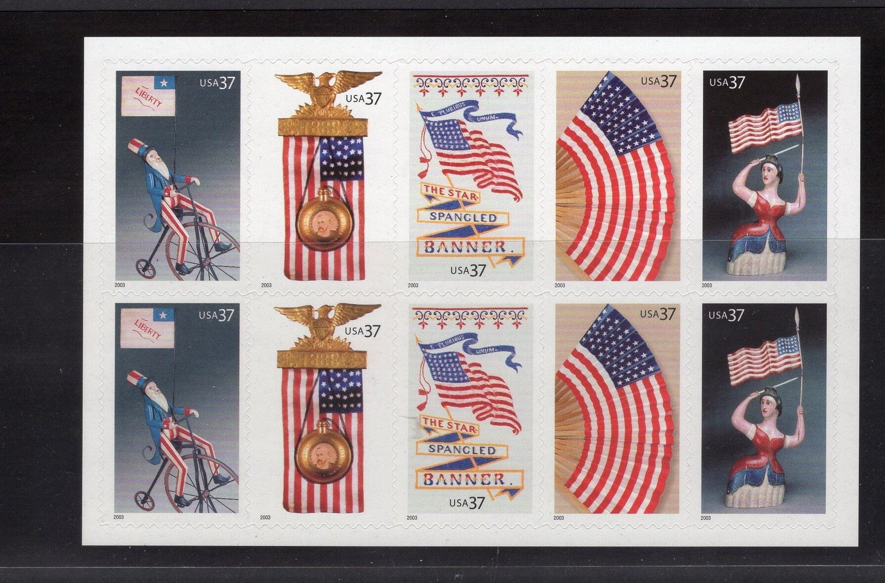 10 OLD GLORY FLAGS Design Block of 10 - Usa Postage Stamps - Unused, Postage Office Fresh- Vintage 2003 - Stock# 3776-80