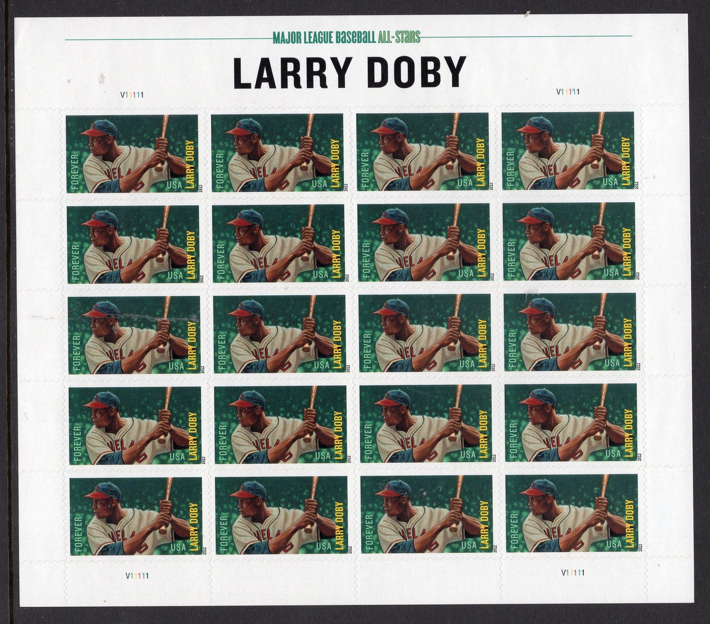 LARRY DOBY Sheet of 20 Cleveland Indian Baseball All-STAR Fresh Unused USa Postage Stamps - Vintage 2012 - Stock# 4695