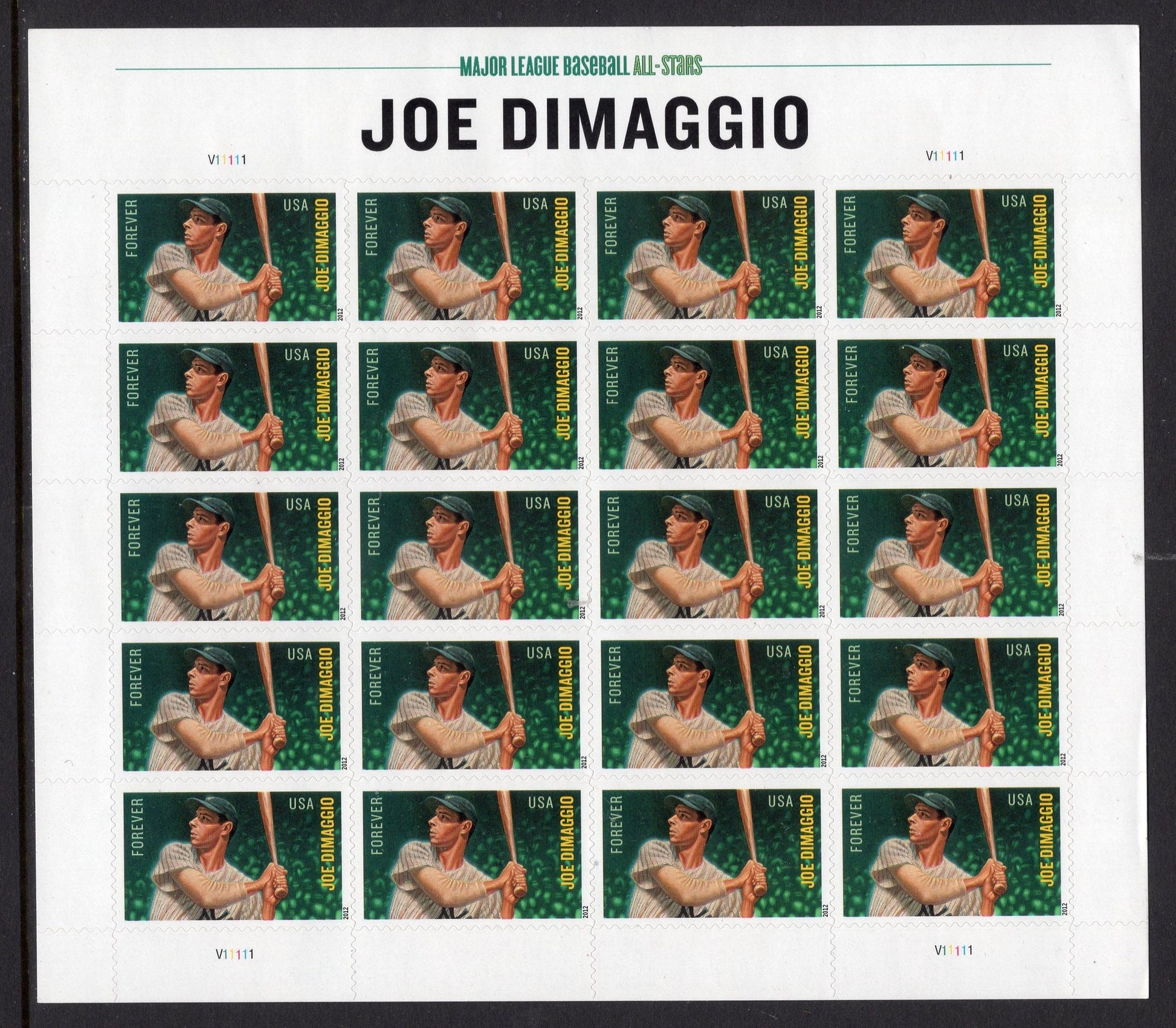 1 JOE DiMAGGIO New York YANKEES Baseball All-Star Sheet of 20 Unused USa Postage Stamps Vintage 2012 - Stock# 4697 