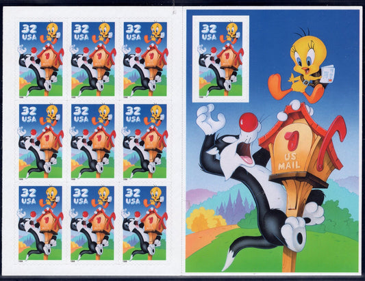 1 SYLVESTER & TWEETY Sheet of 10 LOONEY Tunes Mailbox Bright Unused Usa Postage Stamps - Vintage 1998 - Stock# 3204 
