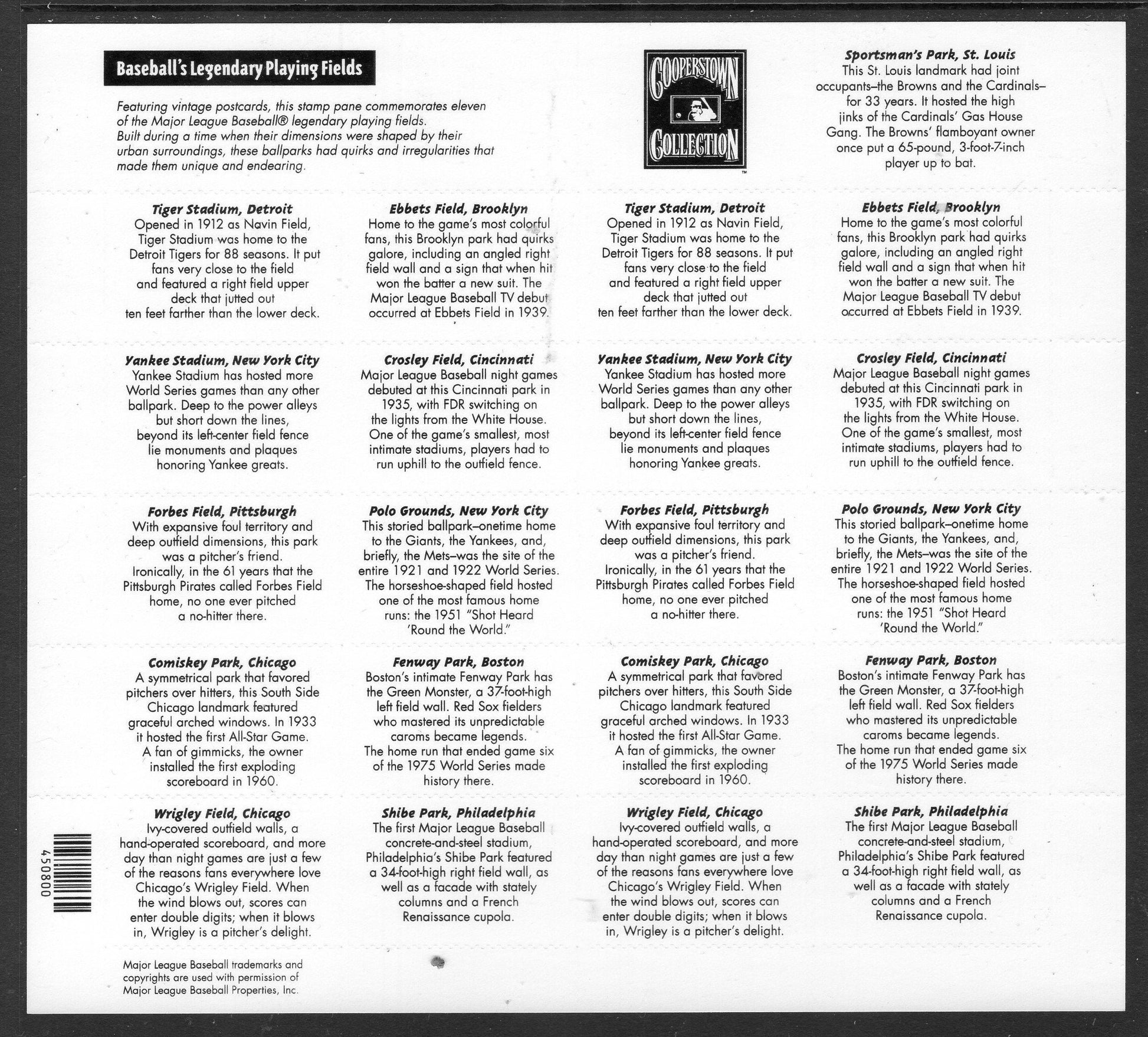 20 BASEBALL LEGENDARY STADIUMS Ball Parks Playing Fields Sheet with Back Text - Bright, unused Stamps - Vintage 2001 - 3510 - FreeUS Ship