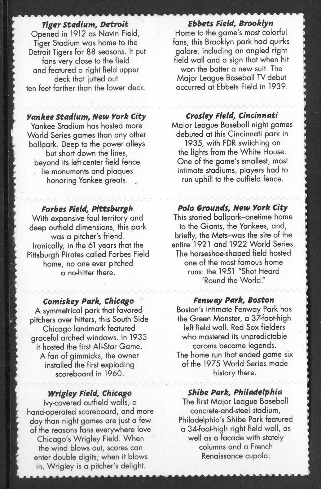 10 BASEBALL LEGENDARY STADIUMS Playing Fields Parks 10 Singles w/Back Text - Bright, unused Stamps - Vintage 2001- 3510B
