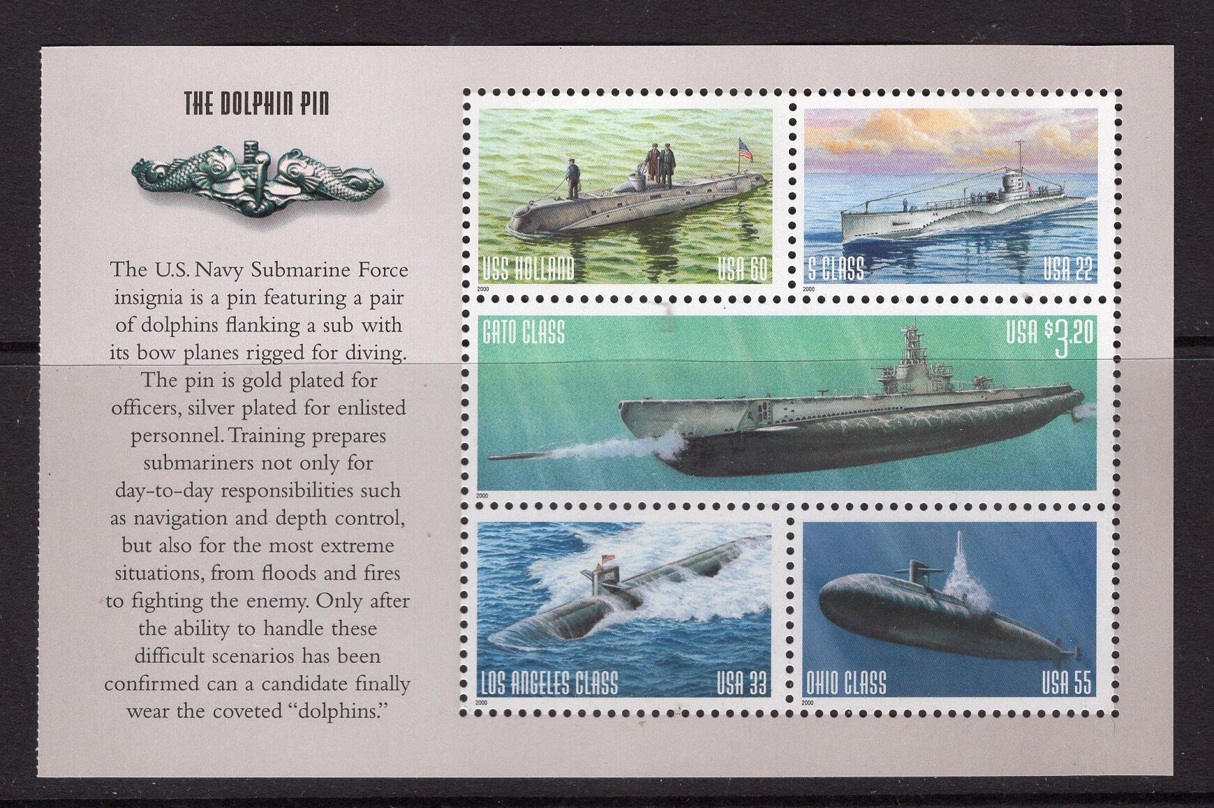 5 SUBMARINE USA Stamps in Block (2 different blocks exist) - Unused, Post Office Fresh - Vintage 2000 - Stock# 3373+ 