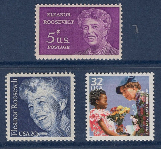 6 ELEANOR ROOSEVELT STAMPS (2 of each shown) Unused Fresh United States Postage Stamps - Vintages 1963 1984 1999 