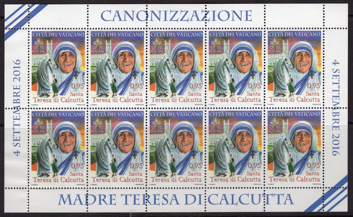 1 MOTHER TERESA CANONIZATION Decorative Sheet of 10 Unused Fresh Vatican City Postage Stamps-Theresa Vintage 2016 - Stock# 1628 FreeUSA Ship