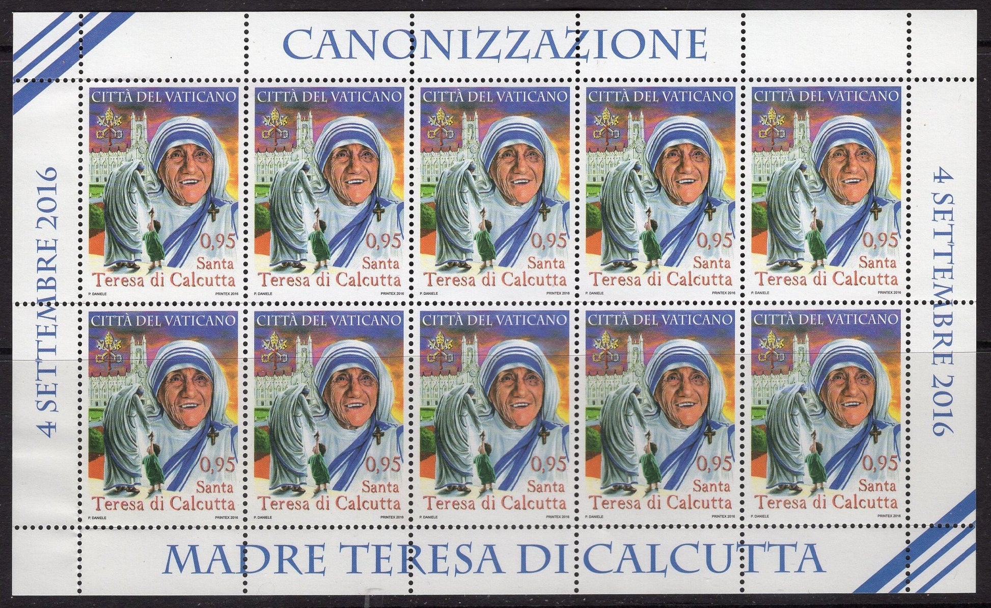 1 MOTHER TERESA CANONIZATION Decorative Sheet of 10 Unused Fresh Vatican City Postage Stamps-Theresa Vintage 2016 - Stock# 1628 FreeUSA Ship