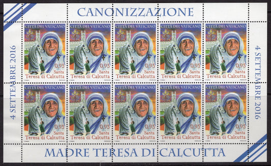 1 MOTHER TERESA CANONIZATION Decorative Sheet of 10 Unused Fresh Vatican City Postage Stamps-Theresa Vintage 2016 - Stock# 1628 FreeUSA Ship