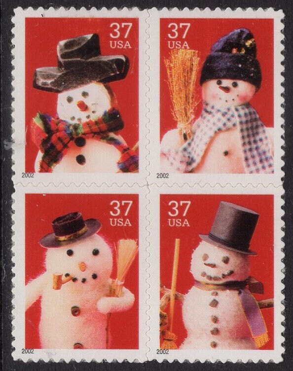 10 SNOWMEN CHRISTMAS HOLIDAY Fresh Bright Unused Usa Postage Stamps - Quantity Available - Vintage 2002 - Stock# 3676 
