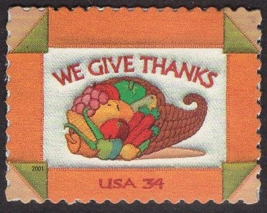 10 THANKSGIVING CORNUCOPIA Horn of Plenty We Give Thanks Turkey Bright Never Hinged US Stamps - Vintage 2001- Stock# 3546