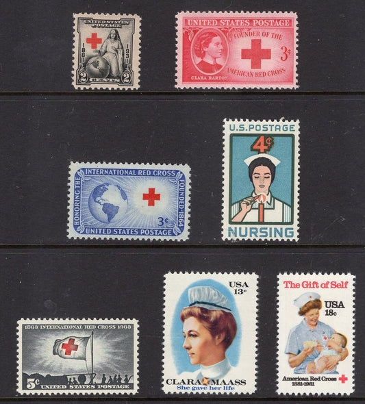 1 NURSING Basic RED CROSS 7 Stamp Collection - Barton Maas Bright, fresh mint Usa Postage Stamps - 1931-81 Stock# 702//1910