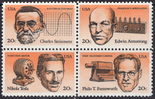 12 SCIENTISTS TESLA STEINMETZ Armstrong Television Camera Unused Fresh USa Postage Stamps - Vintage 1983 -Stock# 2055 