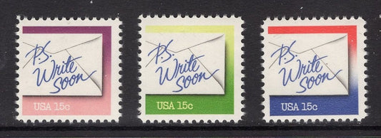 10 P.S. WRITE SOON (red green purple) Letter Bright, fresh mint US Postage Stamps - Vintage 1980 - Stock# 1806/10 ping