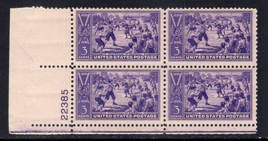 1 BASEBALL PLATE BLOCK of 4 - Bright Usa Postage Stamps - Vintage 1939 - Stock# 855 pb ping