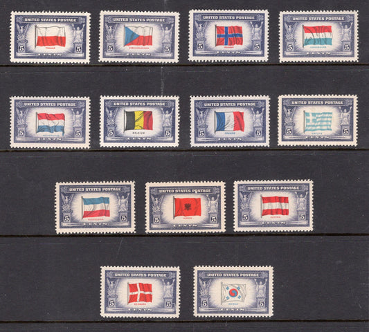 13 FLAGS OVERRUN COUNTRIES during World War Two 2 - Bright Usa Stamps, Post Office Fresh - Vintage 1943 -Stock# 909 