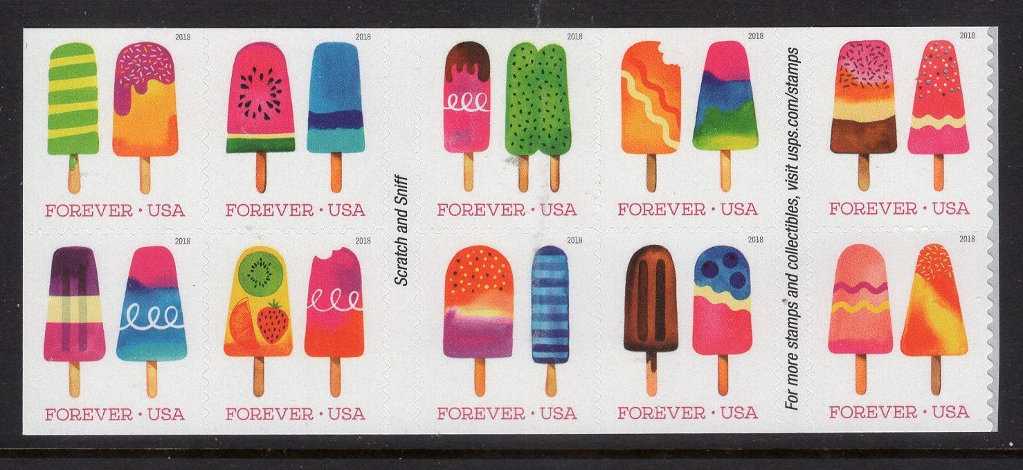 GENUINE! With Scent! FROZEN TREATS Pops Forever Block of 10 Bright Stamps - Quantity Available - Vintage 2018 - Stock# 5285 