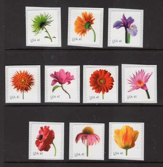 10 USA FLOWERS Iris Daisy Tulip Mum Magnolia Lily Poppy Dahlia Cone Bright Postage Stamps - Vintage 2007 - Stock# 4176 