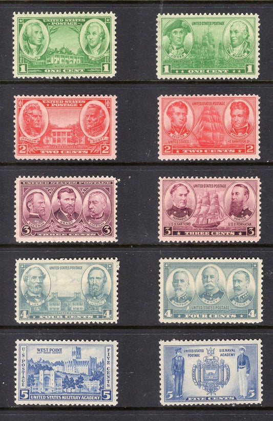 10 ARMY NAVY ACADEMY Grant Lee 1936-1937 Unused Fresh, Bright USa Postage Stamps - Vintage 1930's - Stock# 785-94 ping