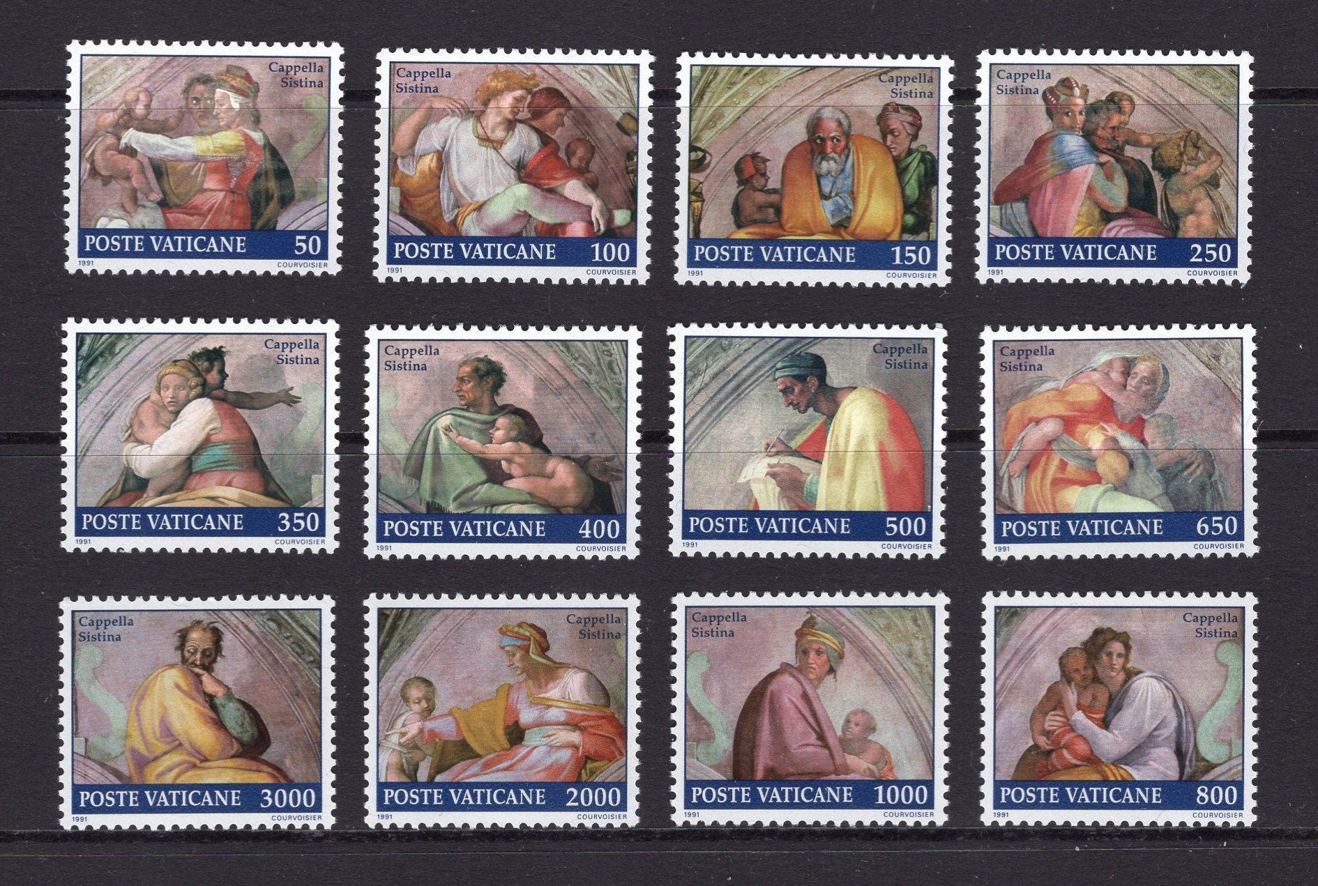 12 SISTINE CHAPEL - VATICAN City Stamps - Paintings from Lunettes Fresh Bright - Vintage 1991 - Stock# 870 ping