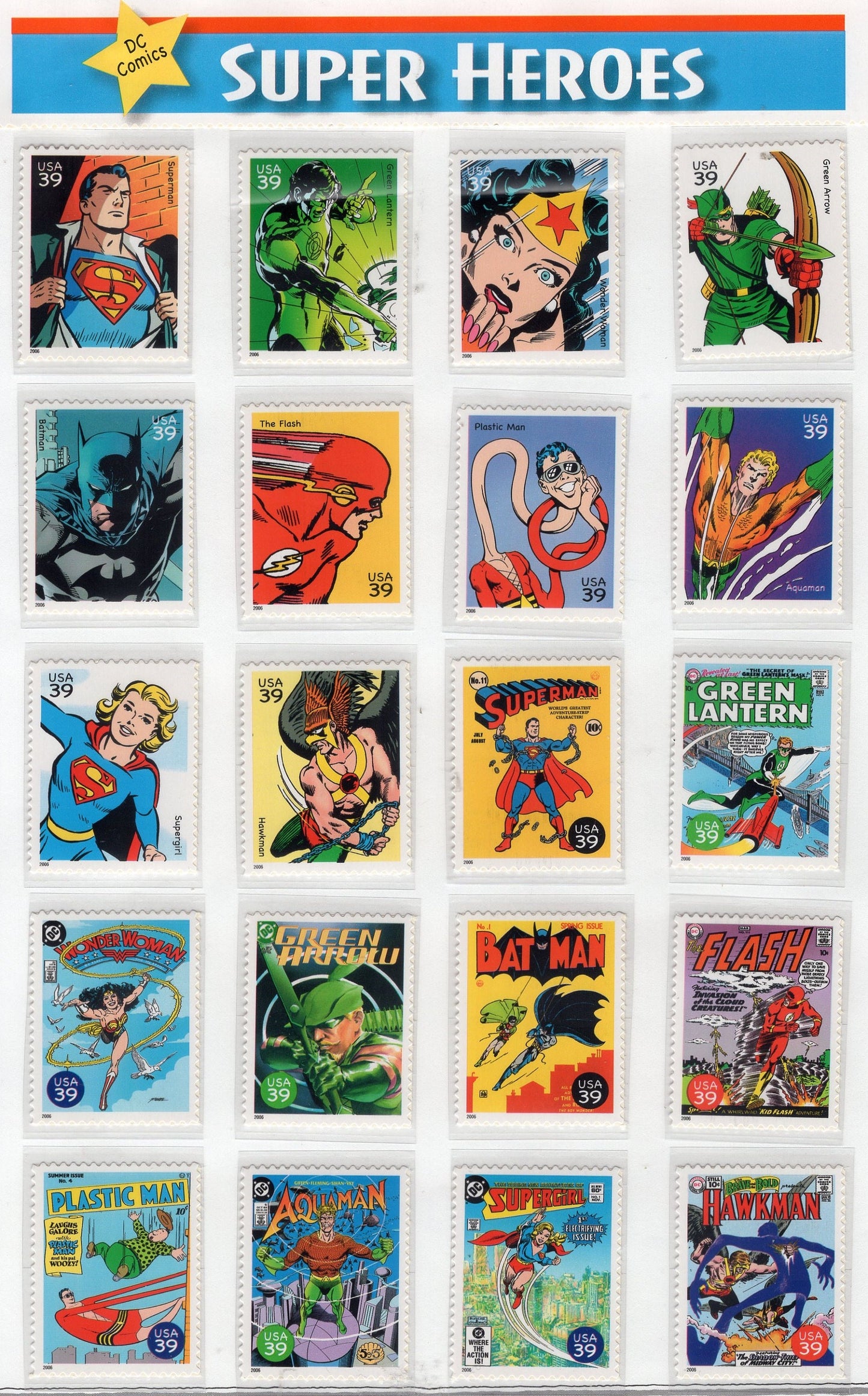 20 SUPER HEROES by DC COMICs SUPERMAn Fresh Usa Postage Stamps - Quantity Available - Vintage 2006 - Stock# 4084a ping