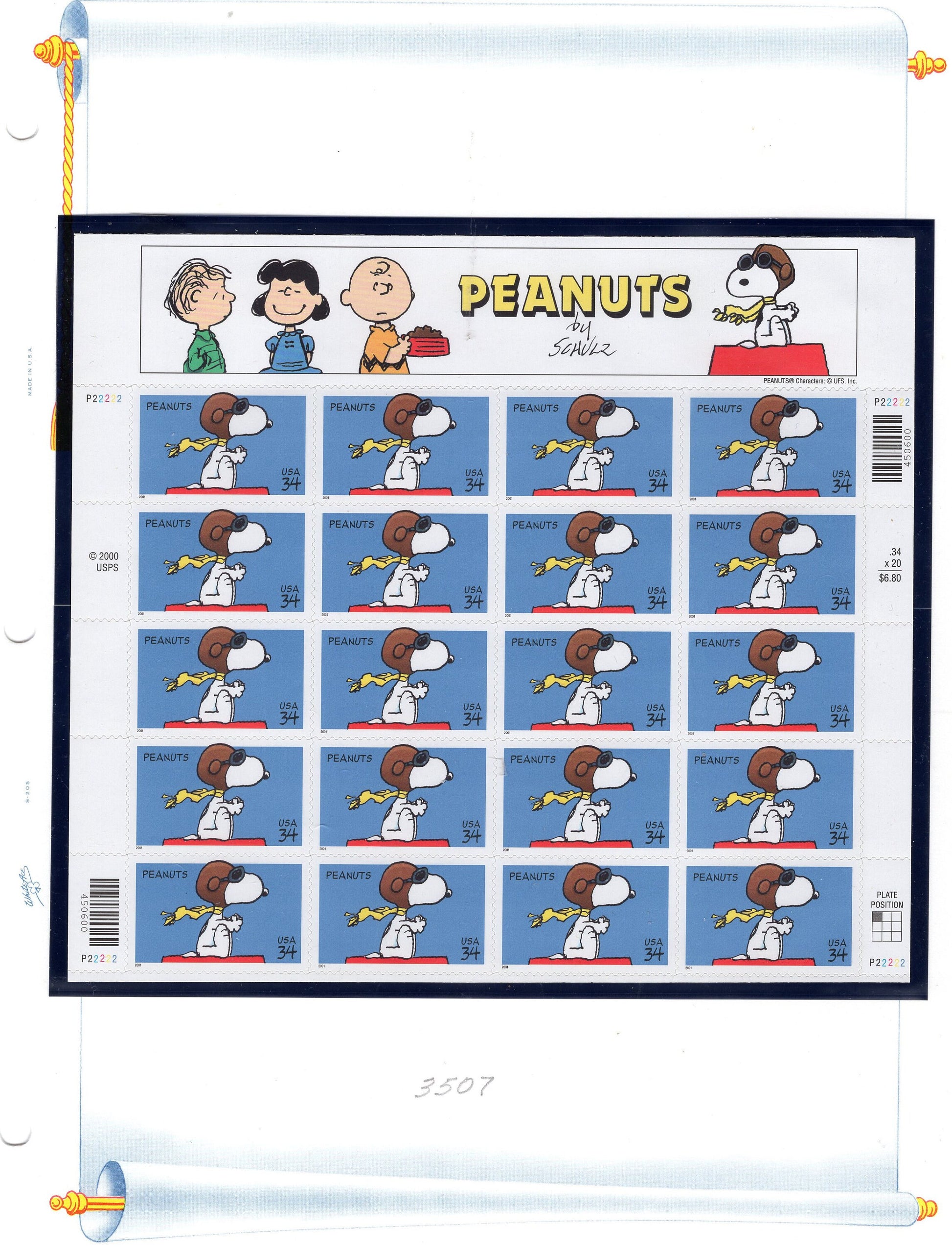 SNOOPY PEANUTS Sheet of 20 with Decorative Header Unused Fresh Bright Usa Postage Stamps - Vintage 2001 - Stock# 3507M 