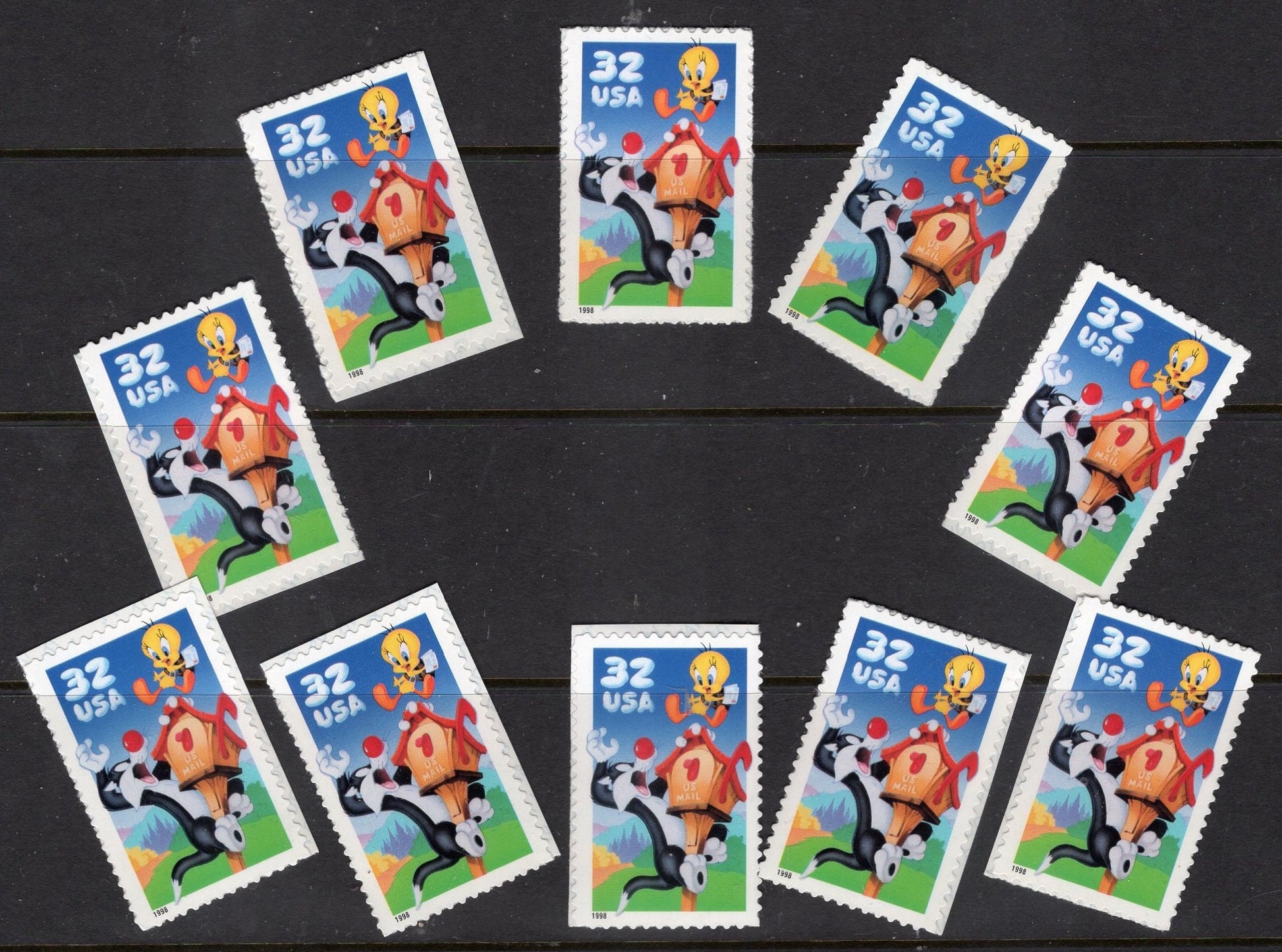 10 SYLVESTER TWEETY LOONEY Tunes Stamps Mailbox Bright, Bright Unused USa Postage Stamps -Vintage 1998 - Stock# 3204 