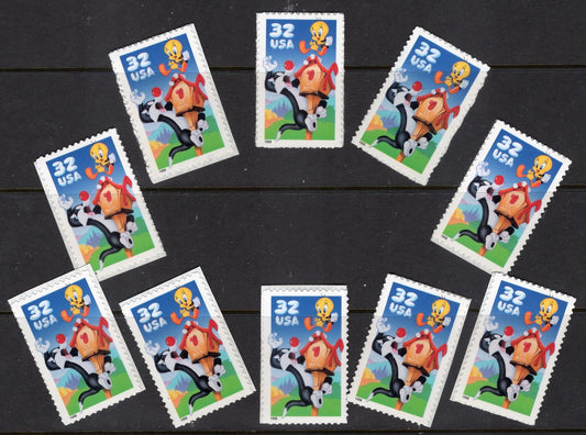 10 SYLVESTER TWEETY LOONEY Tunes Stamps Mailbox Bright, Bright Unused USa Postage Stamps -Vintage 1998 - Stock# 3204 