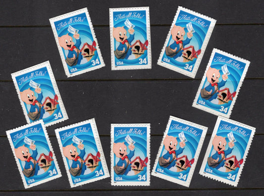 10 PORKY PIG LOONEY Tunes Stamps Mailbox Bright, Bright Unused USa Postage Stamps -Vintage 2001 - Stock# 3534 ping