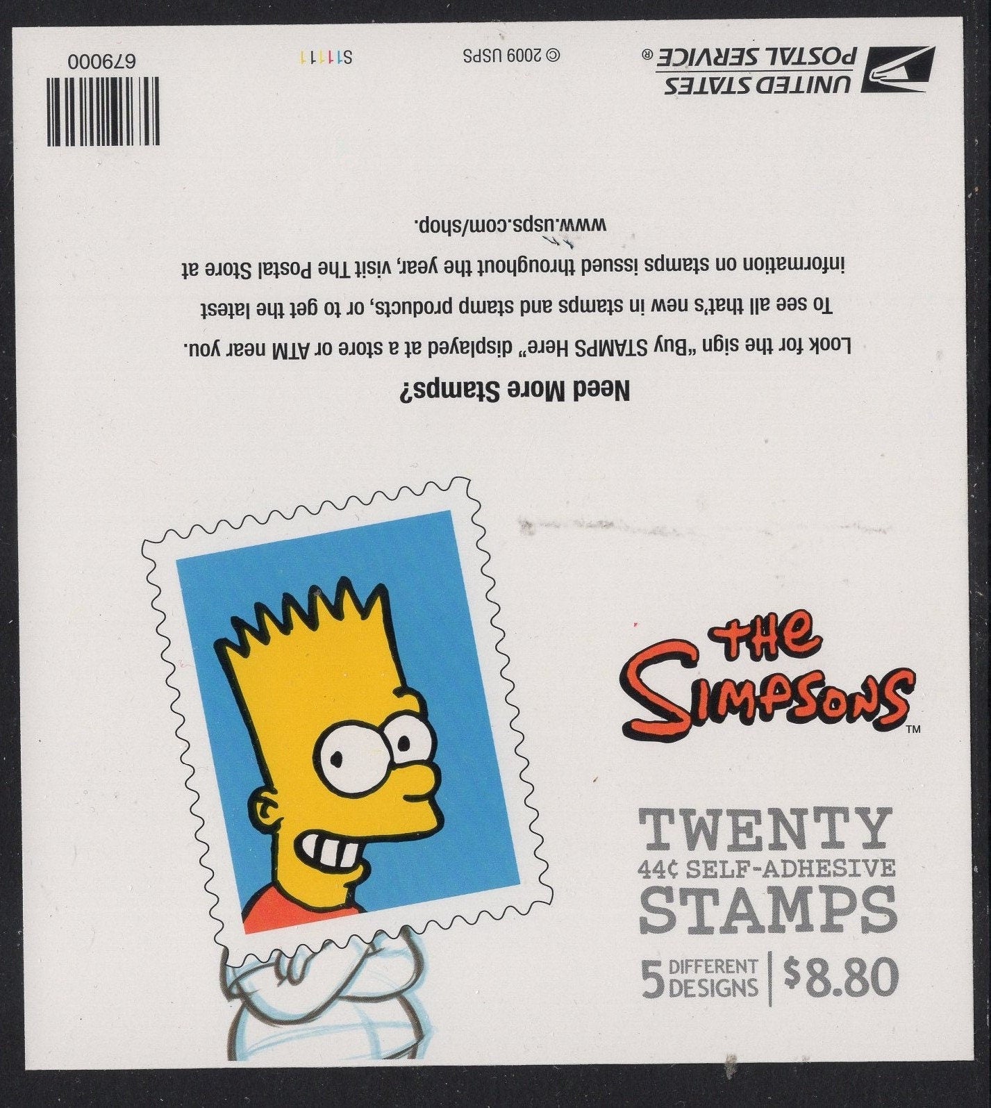 1 SIMPSONS SHEET of 20 - 4 Rows x5 Unused Fresh Simpson USa Postage Stamps Quantity Available - Vintage 2009 - Stock# 4399 