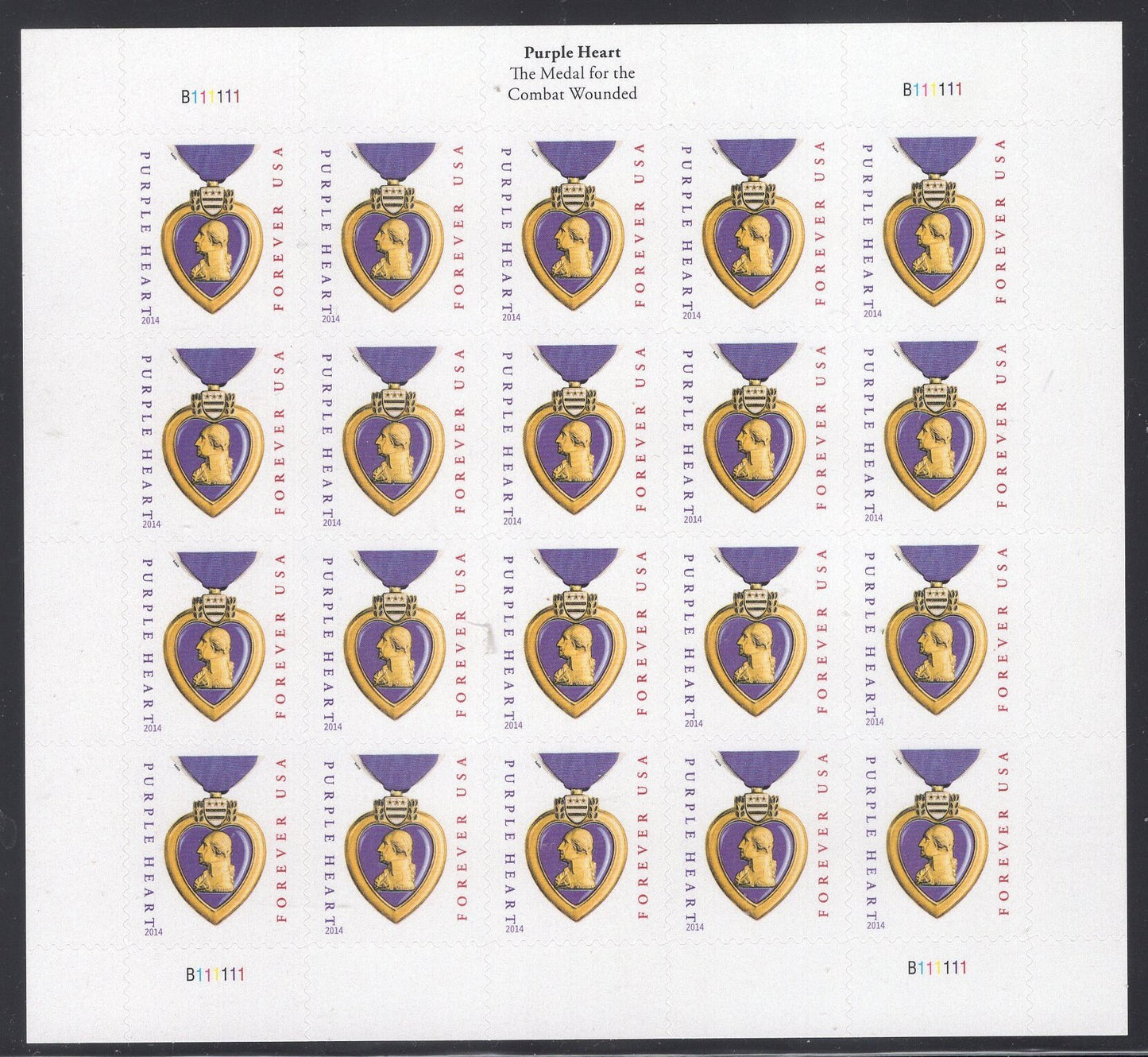 PURPLE HEART 2014 WAR Sheet of 20 with 2014 Inscription USa Postage Stamps Quantity Available Vintage 2014 -Stock# 4704b 