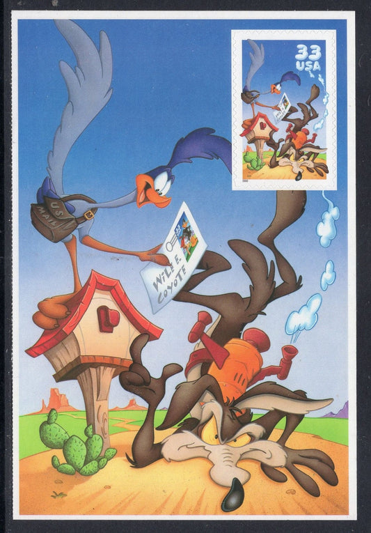 1 COYOTE ROAD RUNNER Sheet of 1 Looney Tunes Bright Unused USa Postage Stamps -Vintage 2000 - Stock# 3391c