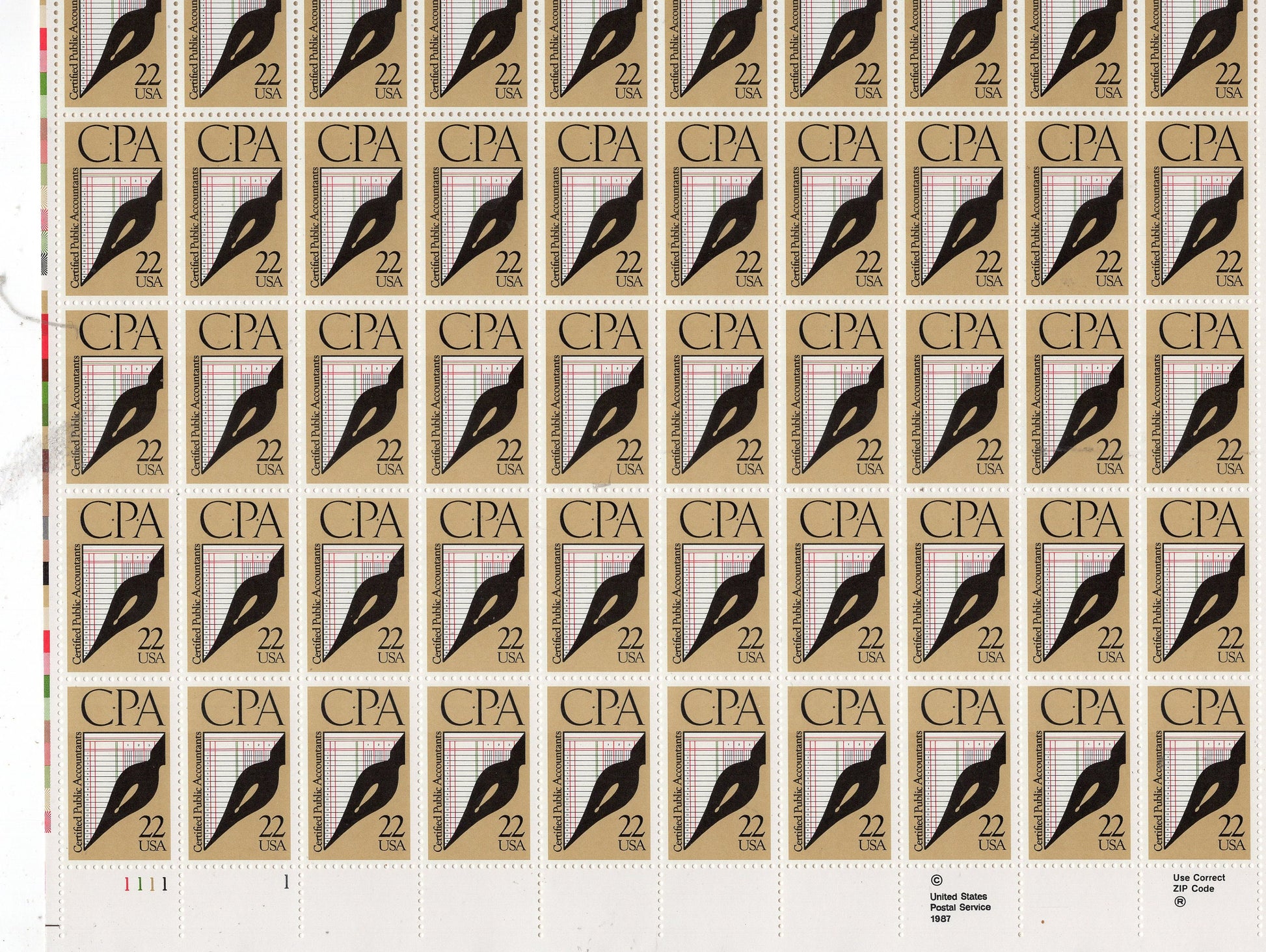 CPA ACCOUNTANT SHEET of 50 Ledger Unused Fresh USa Postage Stamps - Quantity Available - Vintage 1987 - Stock# 2361 