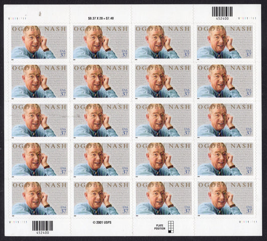 OGDEN NASH HUMORIST 37c Sheet of 20 Stamps - Mint, Bright and Post Office Fresh - Vintage 2002 - Stock# 3659 