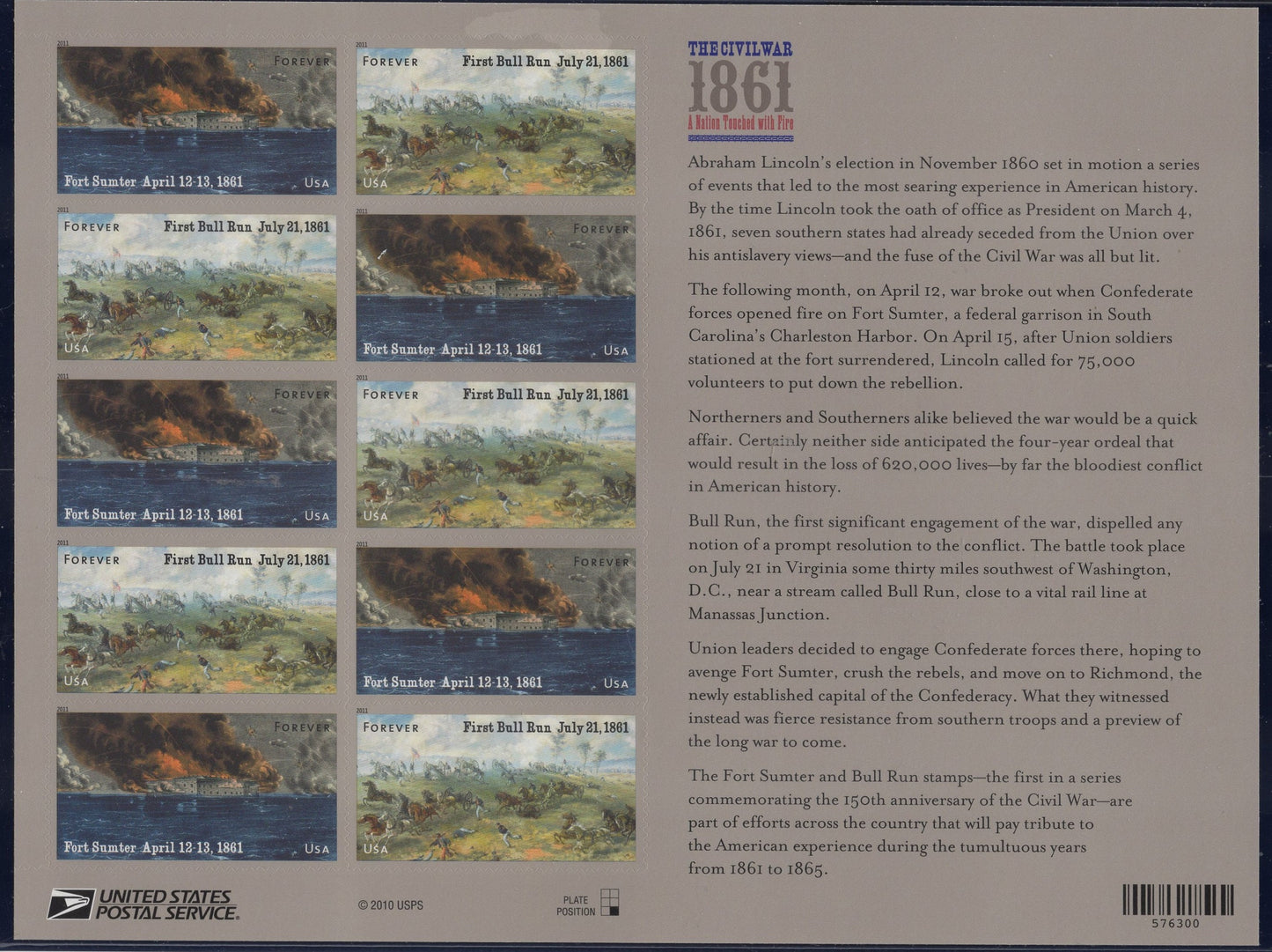 CIVIL WAR 1861 Year ANNIVERSARY Sheet of 12 Stamps Fort Sumter First Battle Bull Run - Mint Bright Fresh 