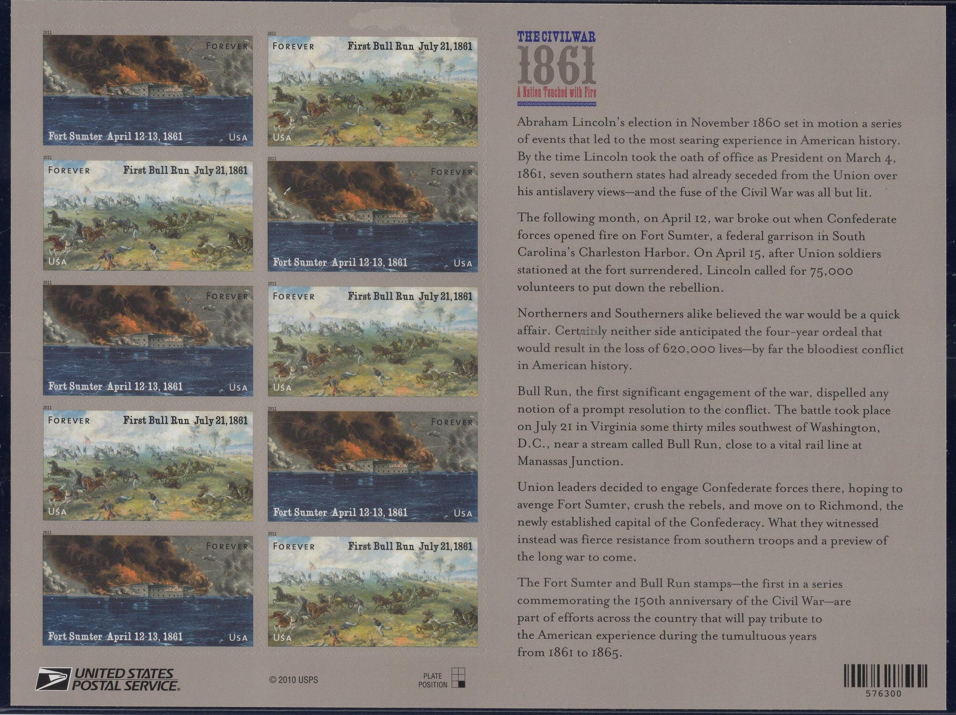 CIVIL WAR 1861 Year ANNIVERSARY Sheet of 12 Stamps Fort Sumter First Battle Bull Run - Mint Bright Fresh 