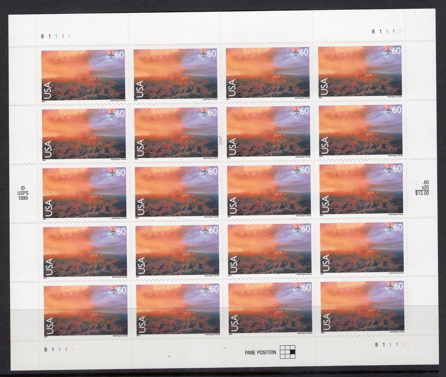 GRAND CANYON VIEW Sheet of 20 Scenic Usa Landscape Stamps - Unused, Fresh, Bright Post Office - Vintage 2000 - Stock# C135 M 
