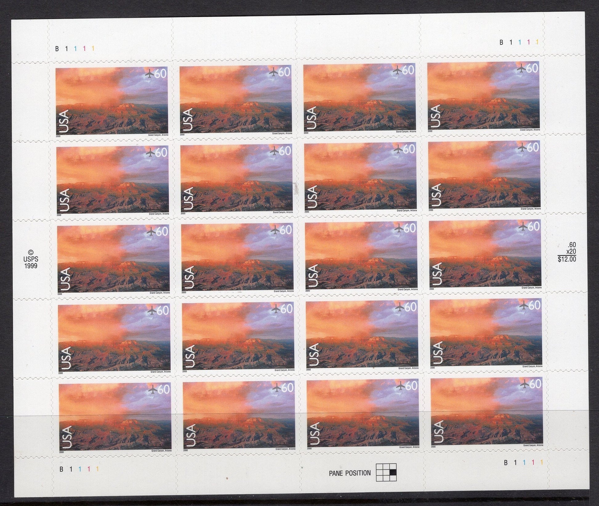 GRAND CANYON VIEW Sheet of 20 Scenic Usa Landscape Stamps - Unused, Fresh, Bright Post Office - Vintage 2000 - Stock# C135 M 