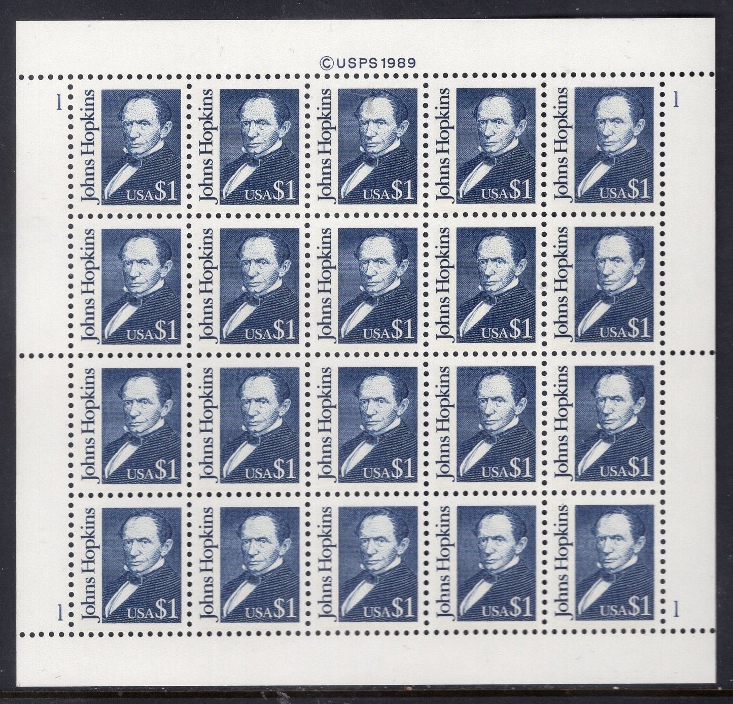 JOHNS HOPKINS Hospital University Founder Philanthropist Sheet of 20 Fresh Bright Stamps - Vintage 1989 - Singles available 
