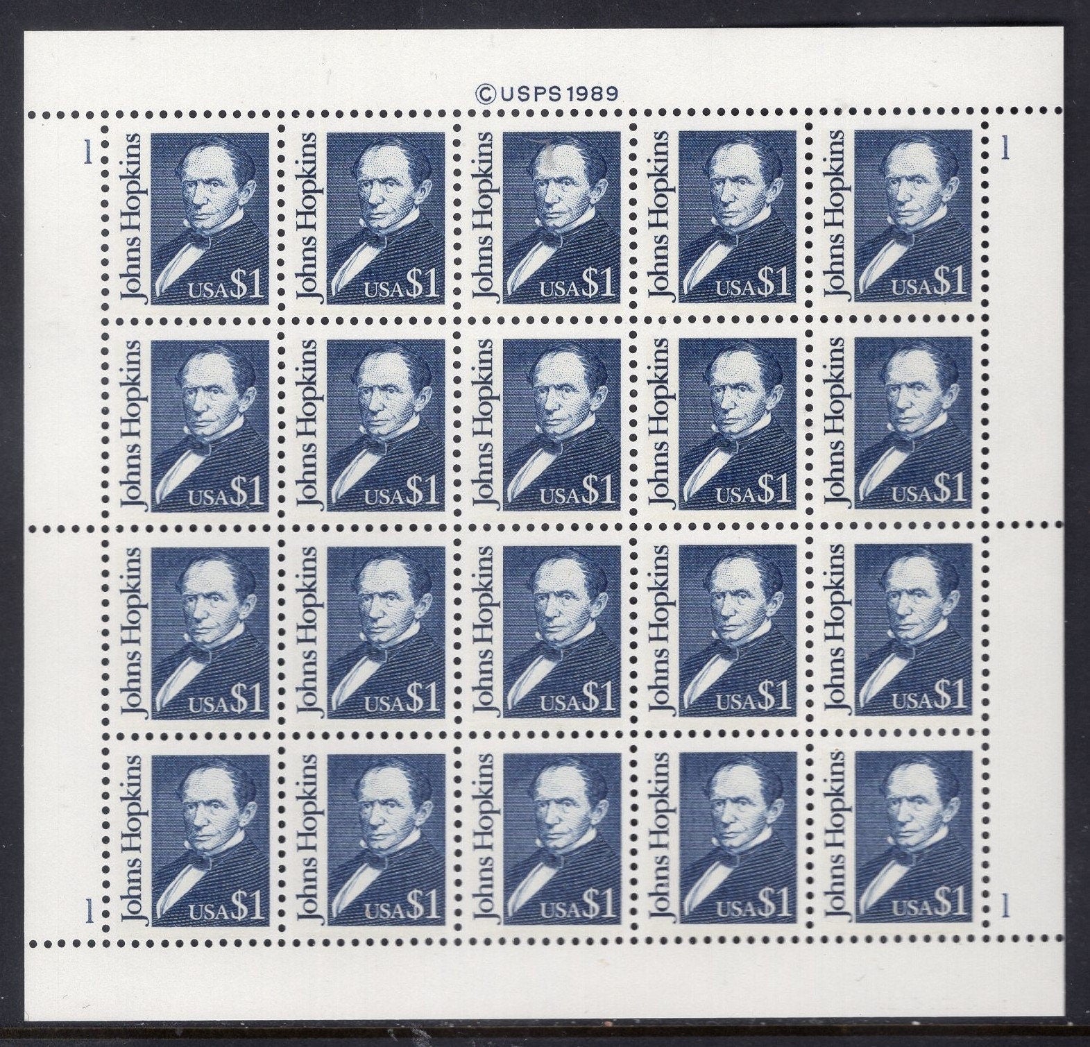 JOHNS HOPKINS Hospital University Founder Philanthropist Sheet of 20 Fresh Bright Stamps - Vintage 1989 - Singles available 