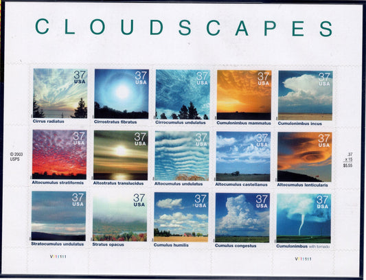 15 CLOUDSCAPES CLOUDS DECORATIVE Sheet of 15 Stamps Nature Sky Puffy Cumulus Nimbus Tornado - Stock# 3878 
