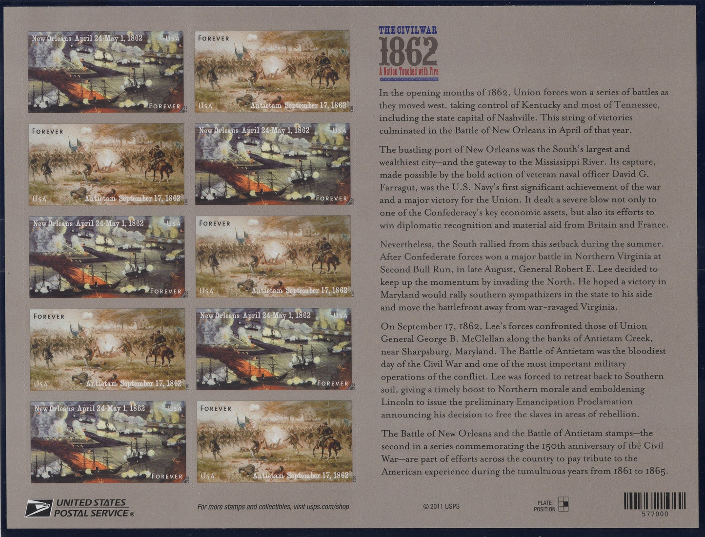 CIVIL WAR 1862 ANNIVERSARY Sheet of 12 Stamps New Orleans Battle Antietam Battle - Mint Bright Fresh - Stock# 4664 
