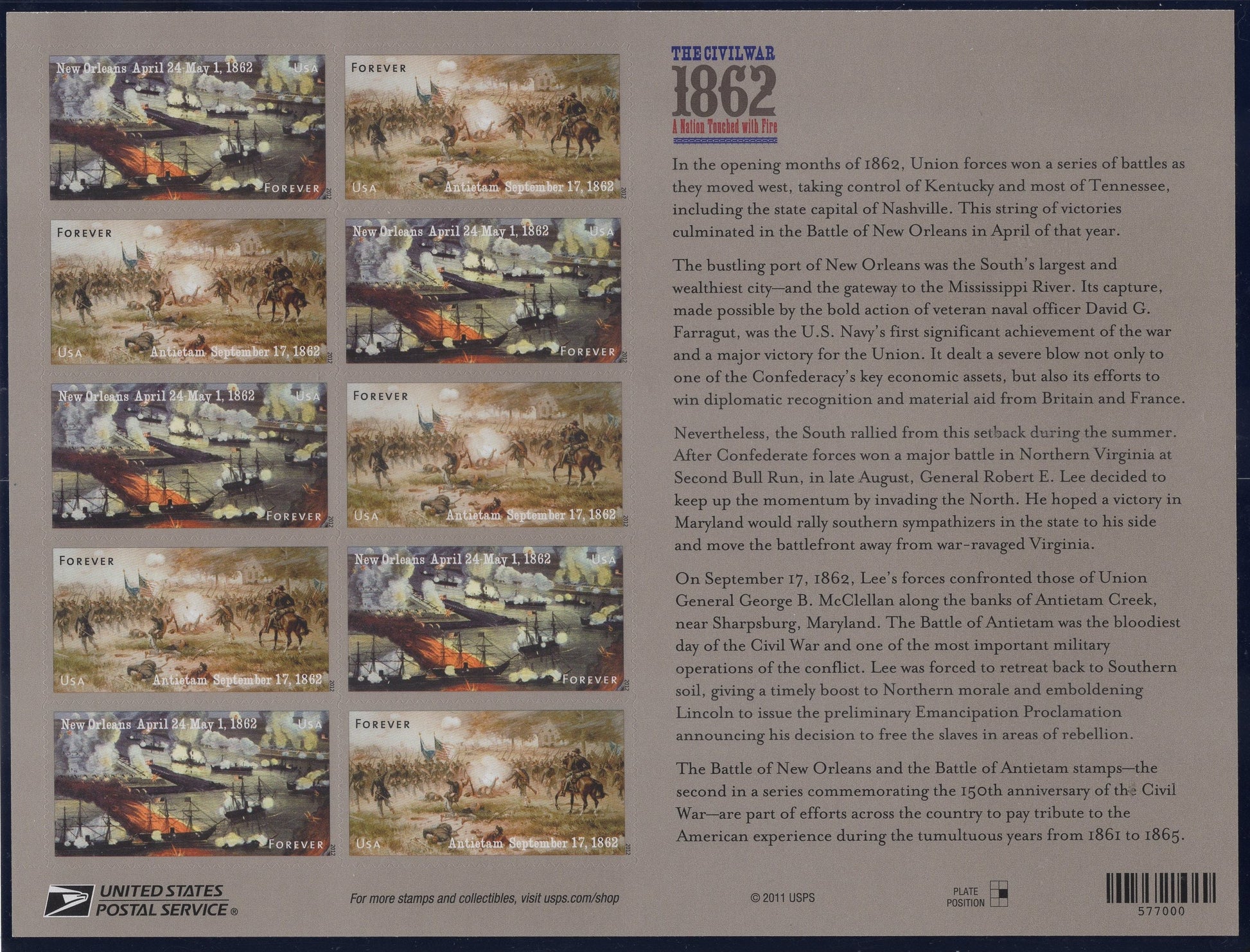 CIVIL WAR 1862 ANNIVERSARY Sheet of 12 Stamps New Orleans Battle Antietam Battle - Mint Bright Fresh - Stock# 4664 